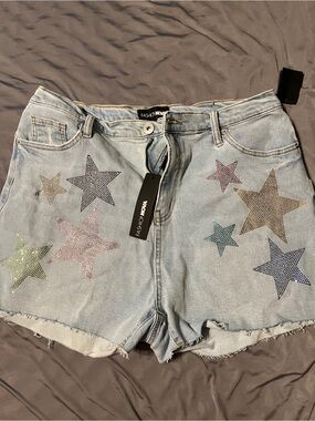 Fashion Nova Light Wash Denim Jacket with Multicolor Rhinestone Stars